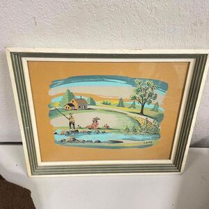 VTG White Framed Palmer Painting? Art Home Decor Wall Hanging Farm Fishing Pond